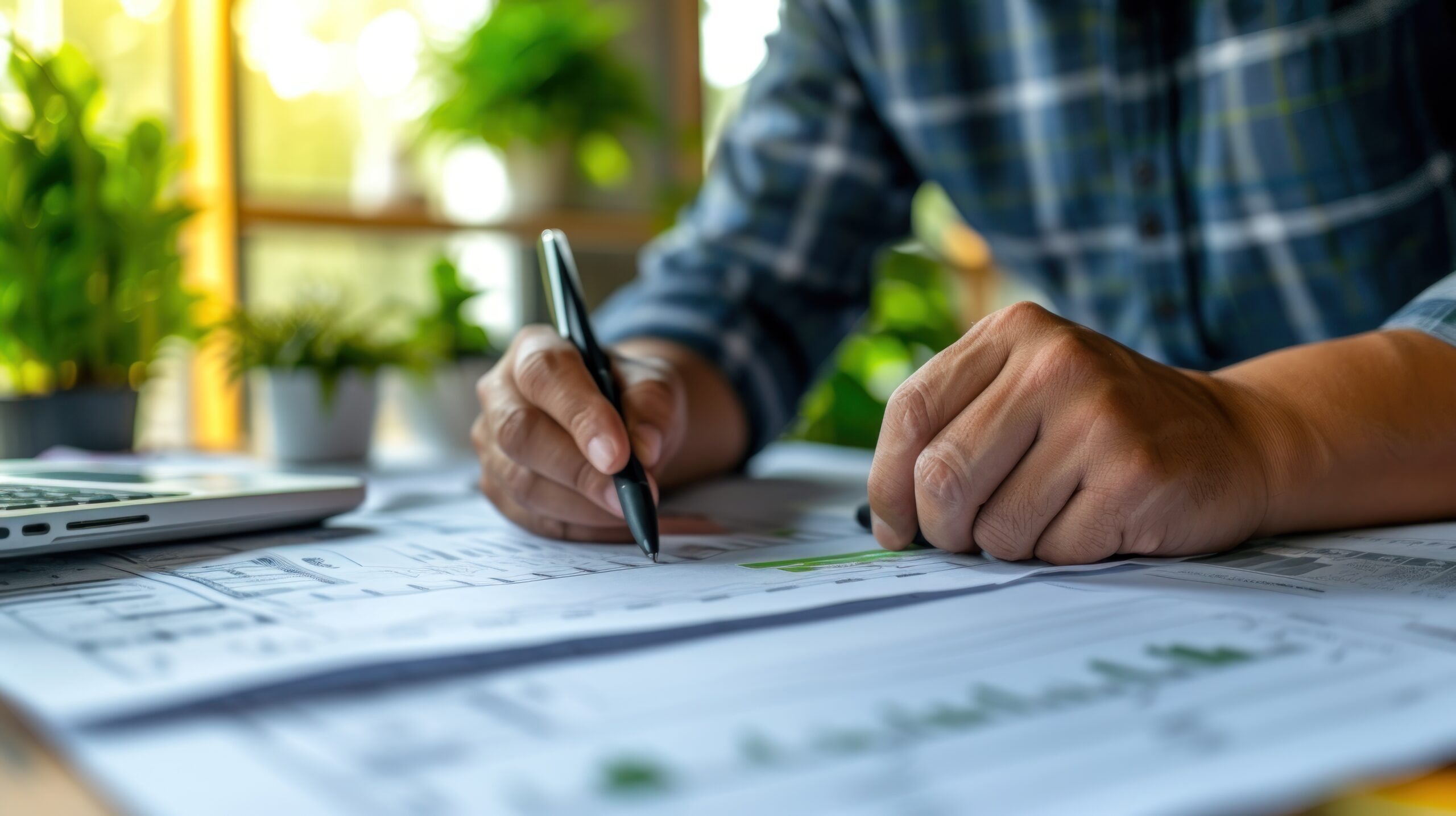 Close-up of a civil engineer calculating the carbon footprint of a new green construction project, sustainability reports in the background