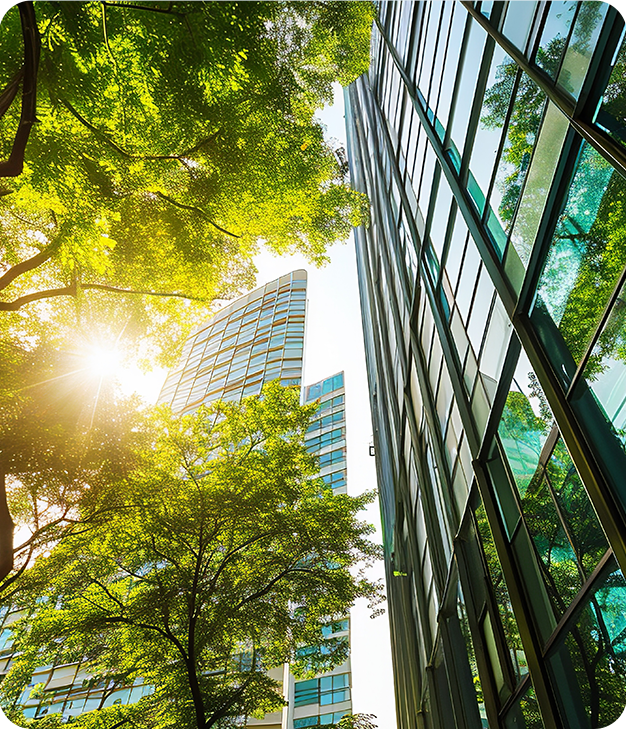 Energy-efficient building representing compliance with Benchmarking Standards and Building Energy Performance Standards (BEPS) for sustainability and reduced energy use.